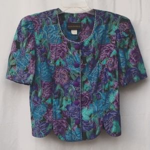 Just In Thyme 80s Colorful Floral Purple Short Sleeve Blouse Fits Women's Medium